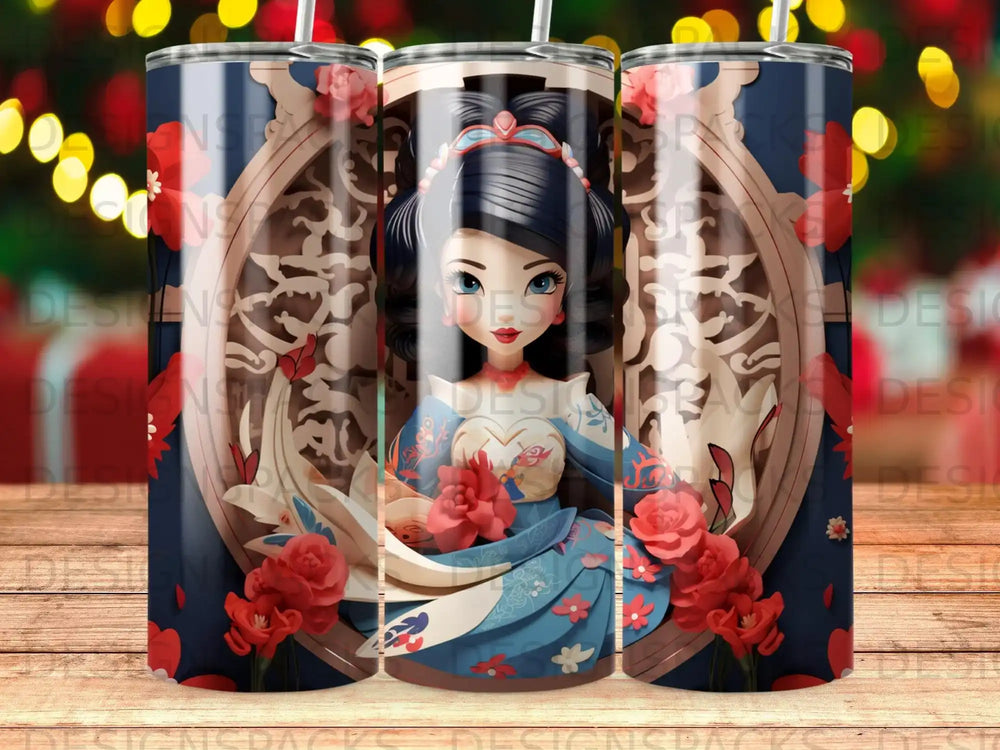 Asian princess in blue and white dress with red flowers and ornate circular background.