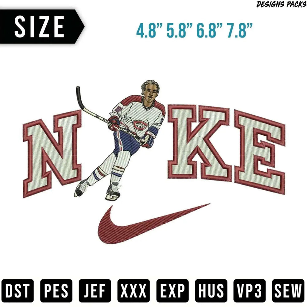 Embroidery design of a hockey player skating within the Nike logo.