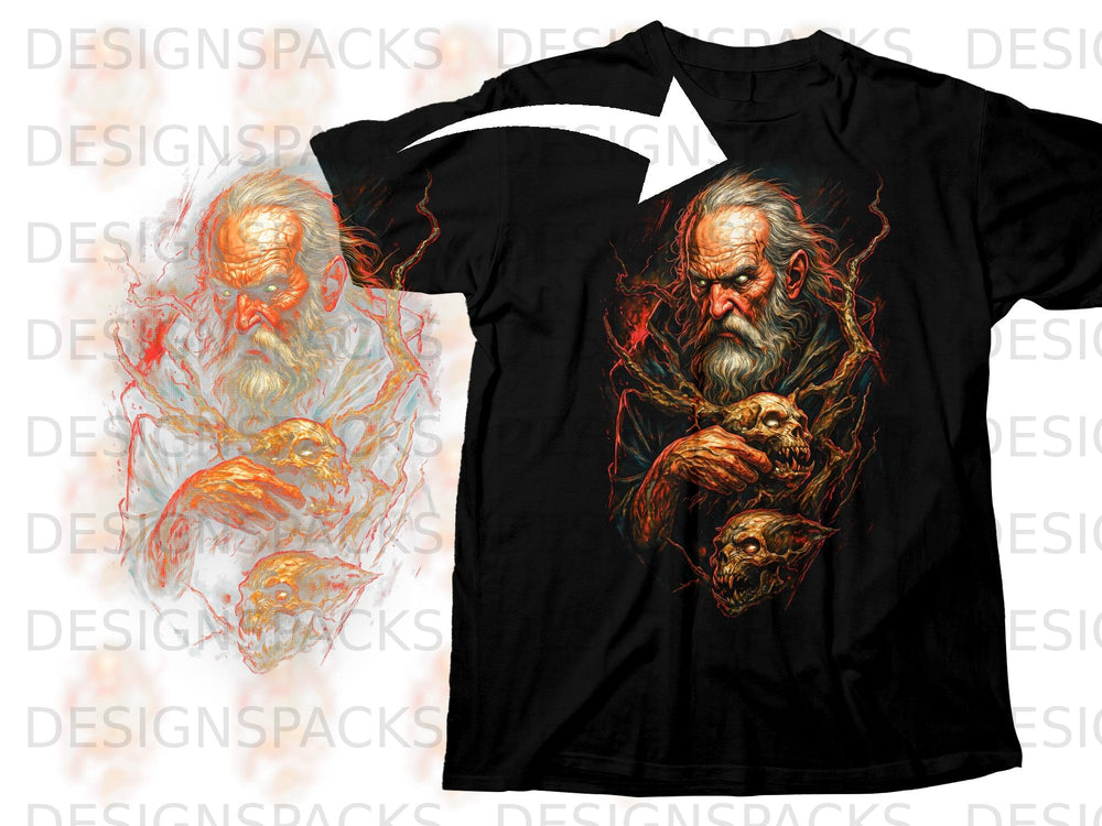 Black t-shirt with graphic of an aged man holding skulls with red and gold accents.