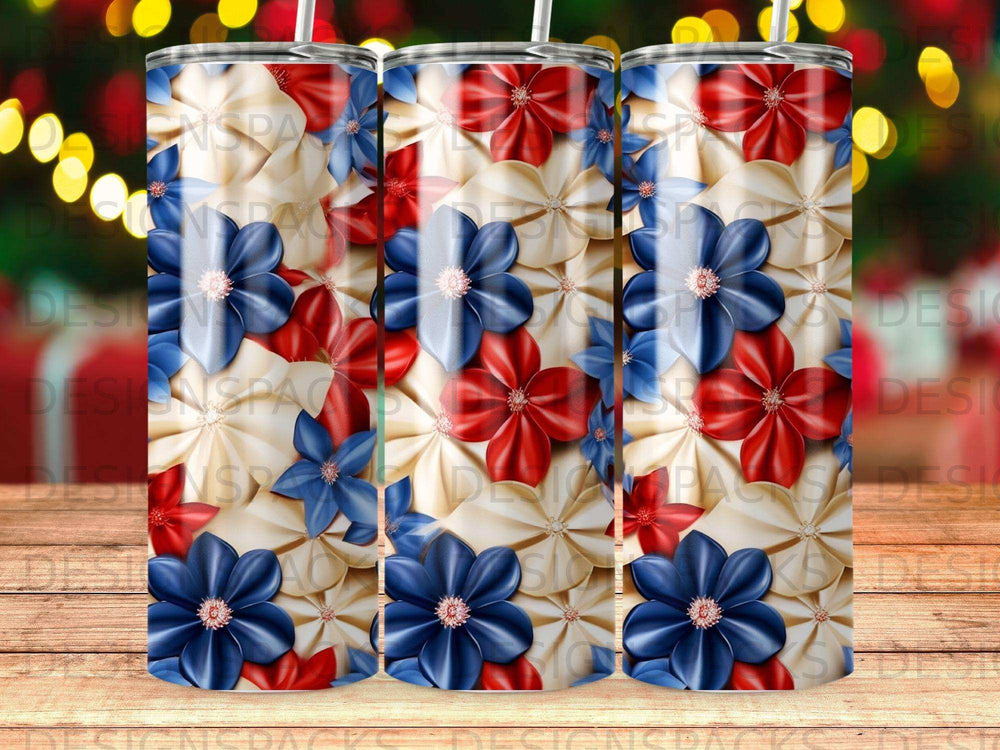 Red, white, and blue floral pattern on a tumbler.