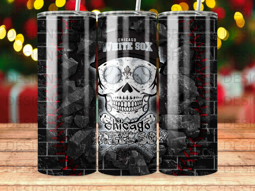 Chicago White Sox skull design on a black brick patterned tumbler.