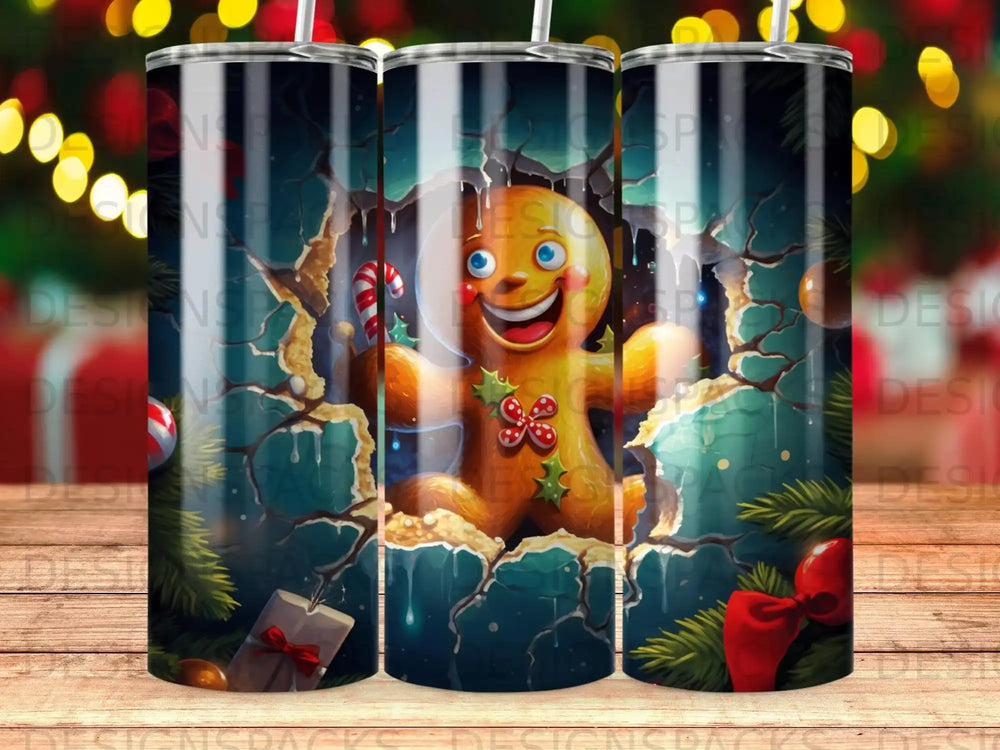 Gingerbread man peeking through a cracked wall with festive decorations.