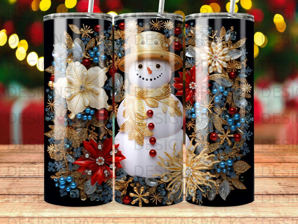 Snowman in a gold hat and scarf surrounded by ornate floral and berry embellishments.