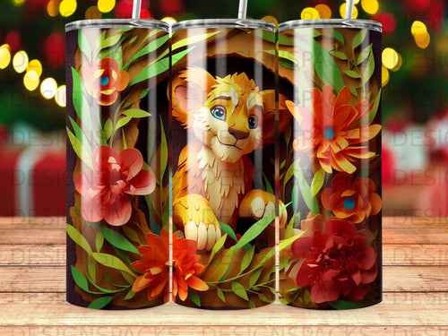 Lion cub peeking from floral jungle den with vibrant orange flowers.