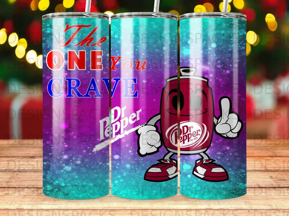 Dr Pepper "The One You Crave" tumbler with purple and teal speckled background.