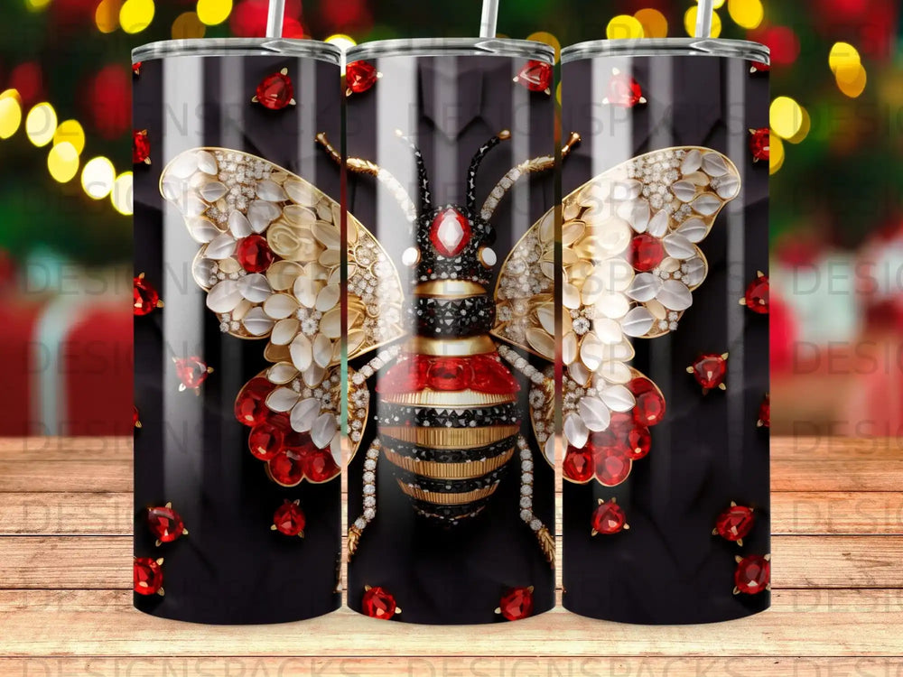 Bee with jeweled wings on black striped background tumbler.