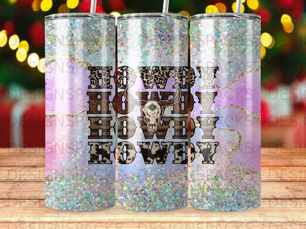 Tumbler with "HOWDY" repeated, distressed lettering, and glittery, iridescent background.