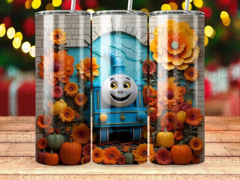 Thomas the Tank Engine with pumpkins and sunflowers on a tumbler.
