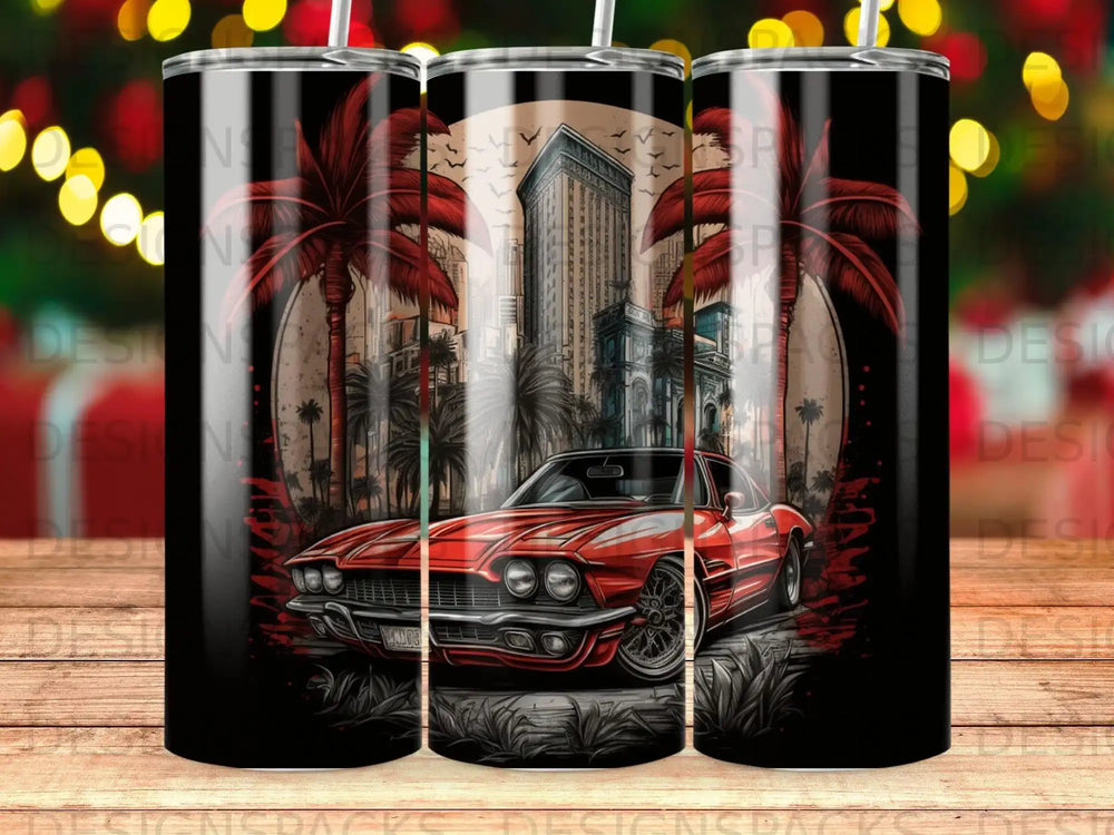 Red vintage car parked in a city with palm trees and buildings.