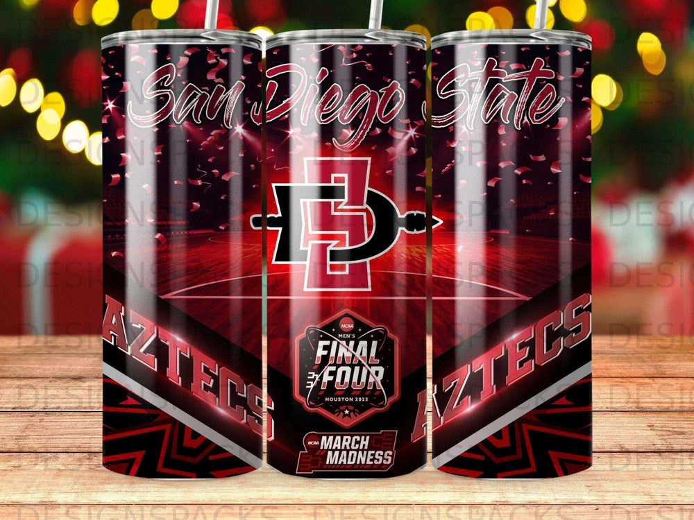San Diego State Aztecs Final Four 2023 tumbler with team logos and confetti.