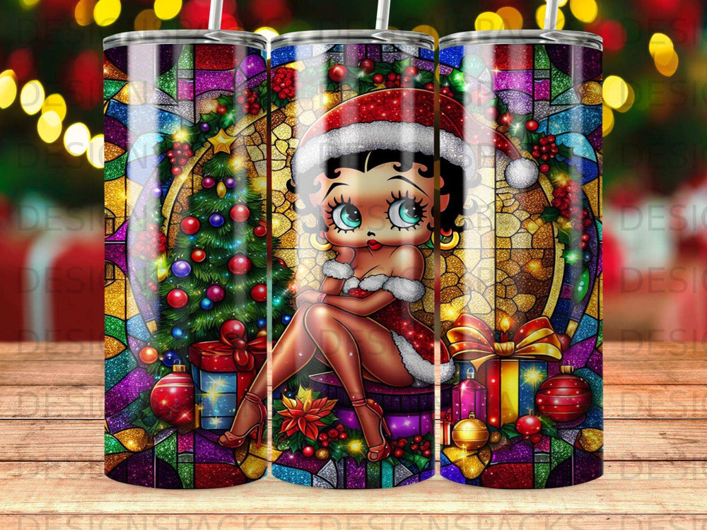 Betty Boop in Santa outfit sits by a Christmas tree with gifts, stained glass background.