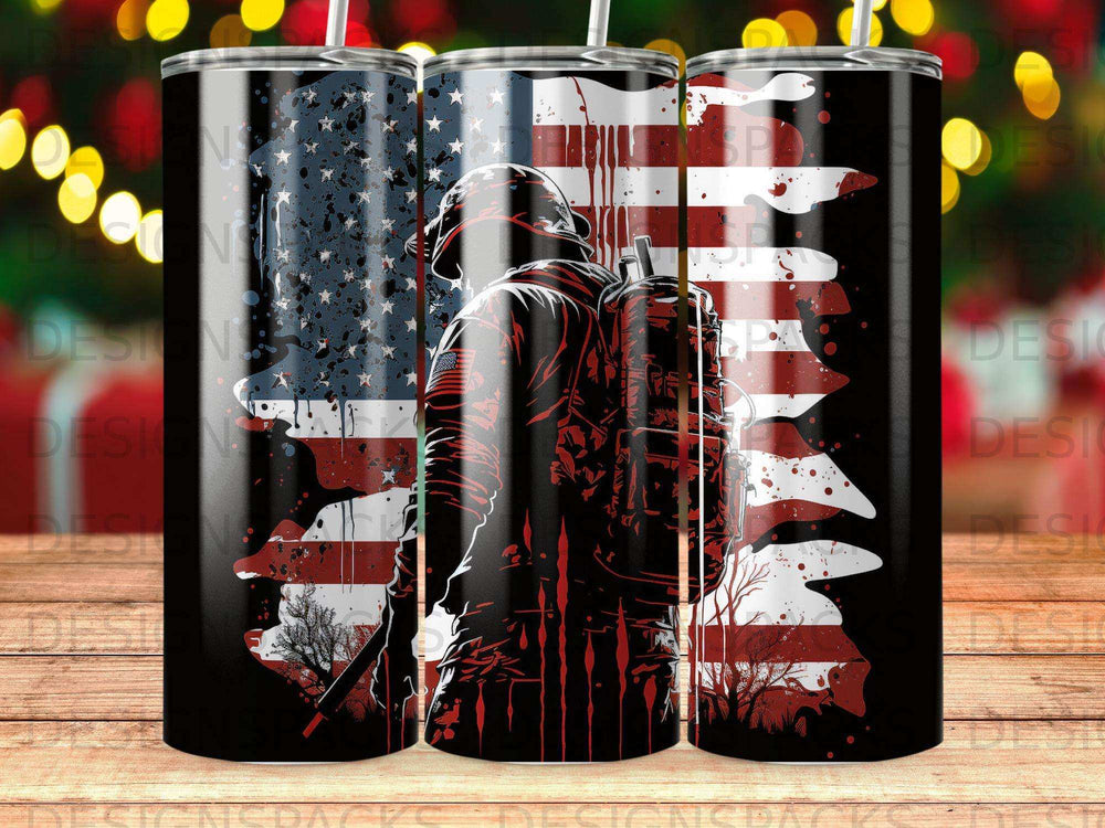 Firefighter silhouette against American flag with red paint splatters.