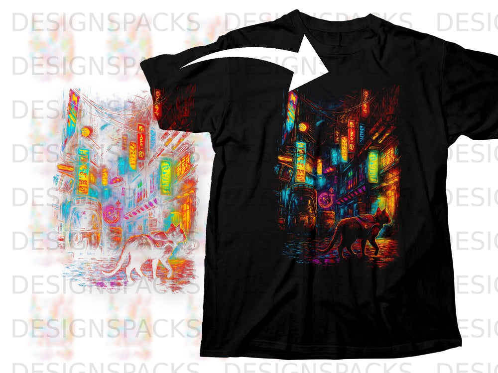 Black t-shirt with a cyberpunk city scene featuring a cat and neon signs.