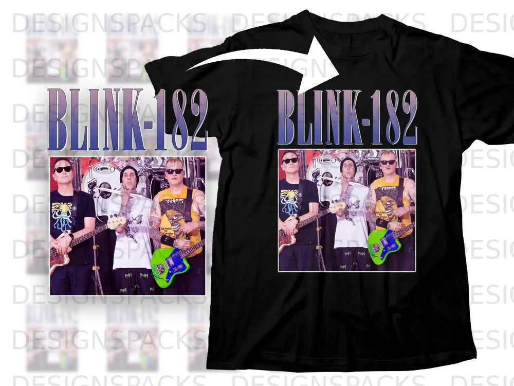 Blink-182 band members playing instruments on a black t-shirt.