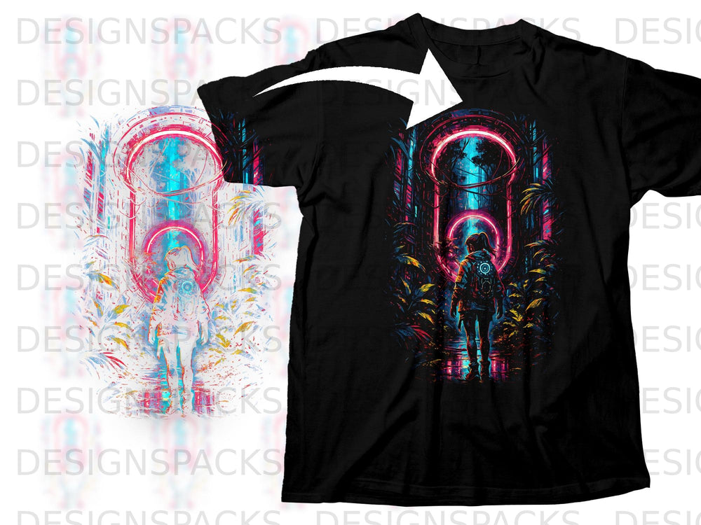 Astronaut in a neon jungle scene displayed on a black t-shirt.