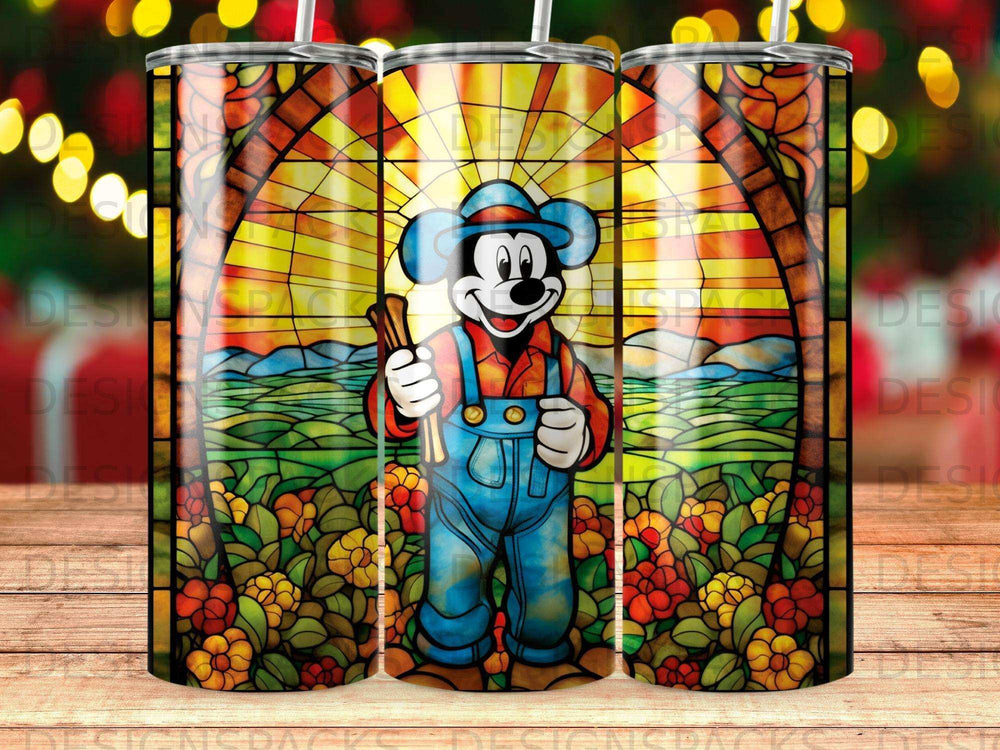 Mickey Mouse in overalls holding a rake in front of stained glass window.
