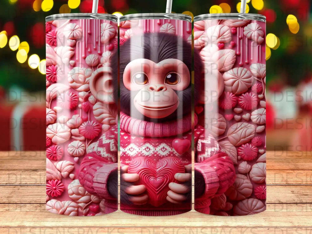 Cartoon monkey wearing a pink sweater, holding a heart.