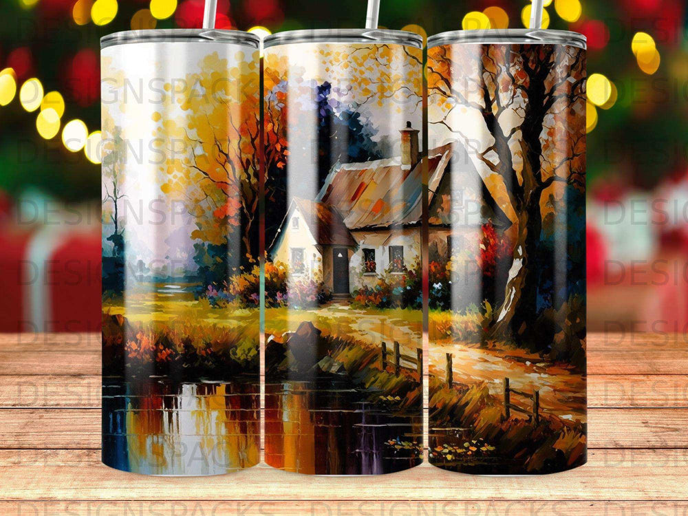 Warm autumn landscape with a house, trees, and reflective water.