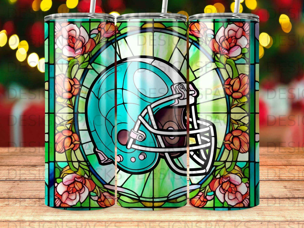Turquoise football helmet with stained glass floral border.