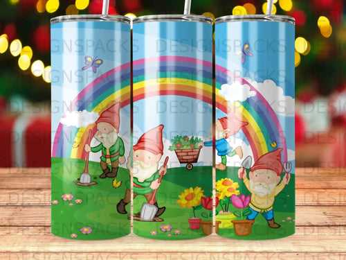 Gnomes tending a garden with a rainbow in the background.
