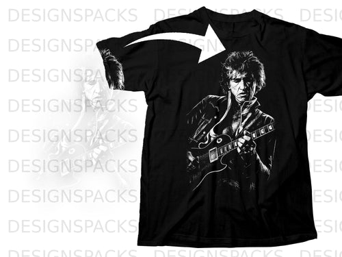 Black t-shirt with a white graphic of a man playing a guitar.