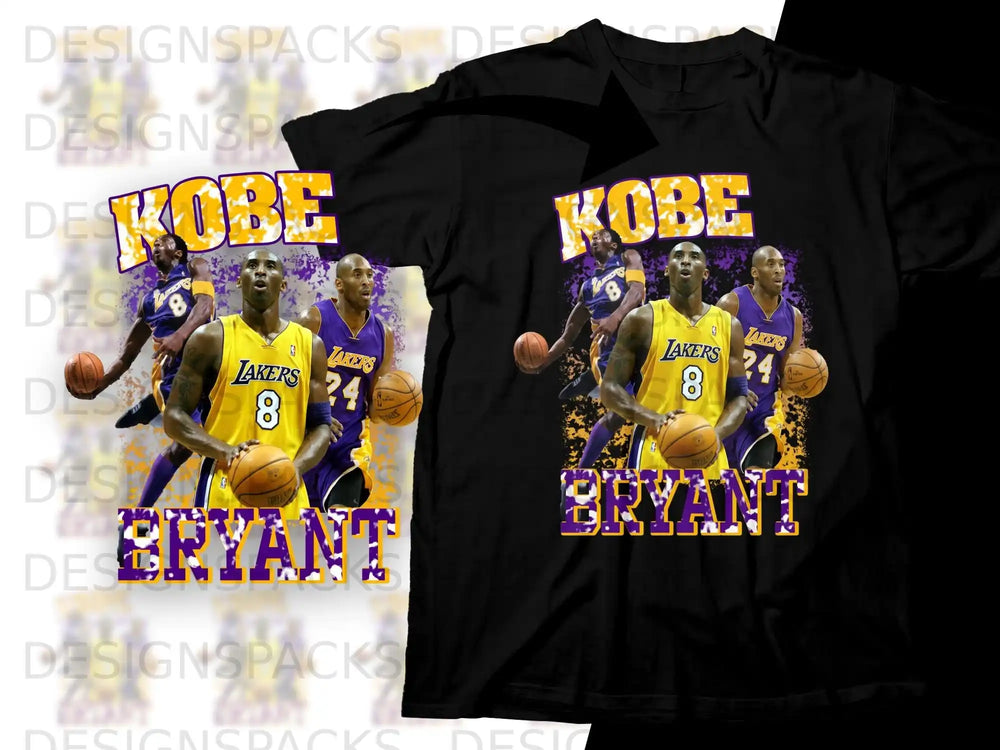 Kobe Bryant Lakers jersey graphic t-shirt with "Kobe Bryant" text.