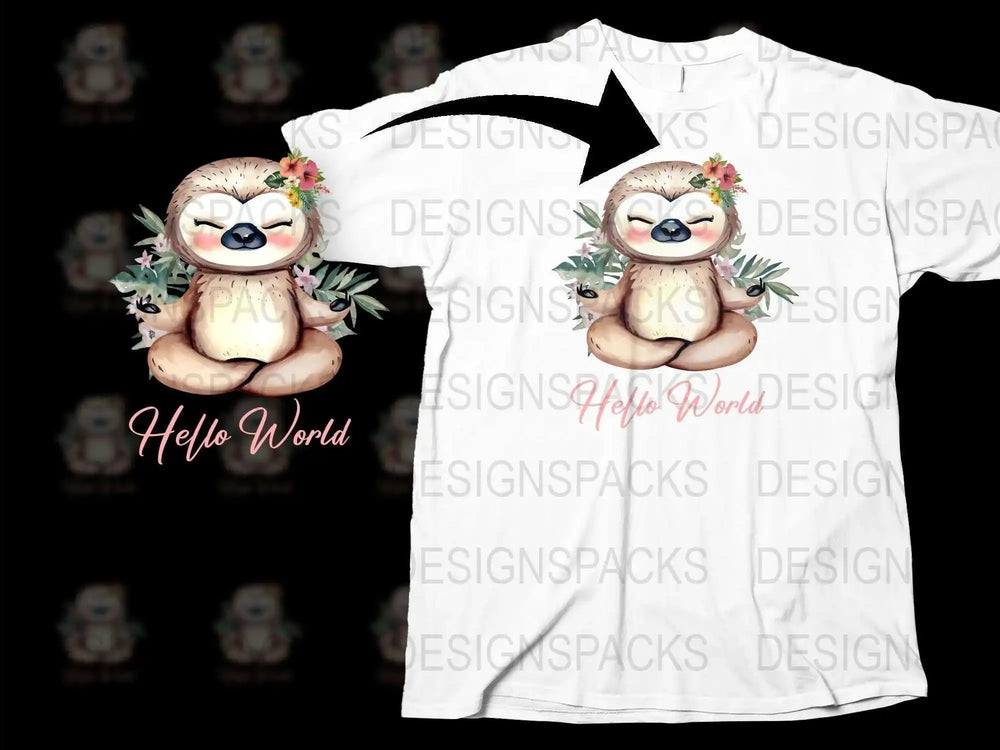 Cute Sloth T-Shirt, Tropical Flower Design, Hello World Text, Unisex Graphic Tee