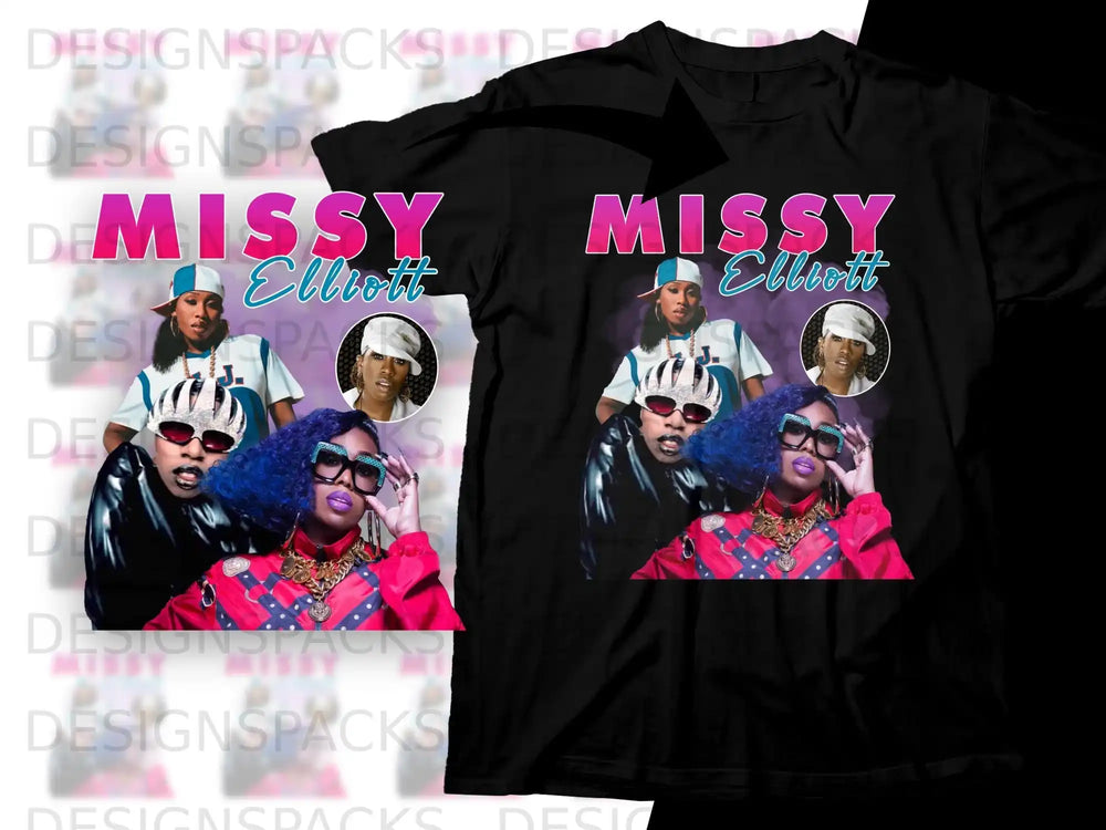 Black t-shirt with Missy Elliott graphic featuring artist and text.