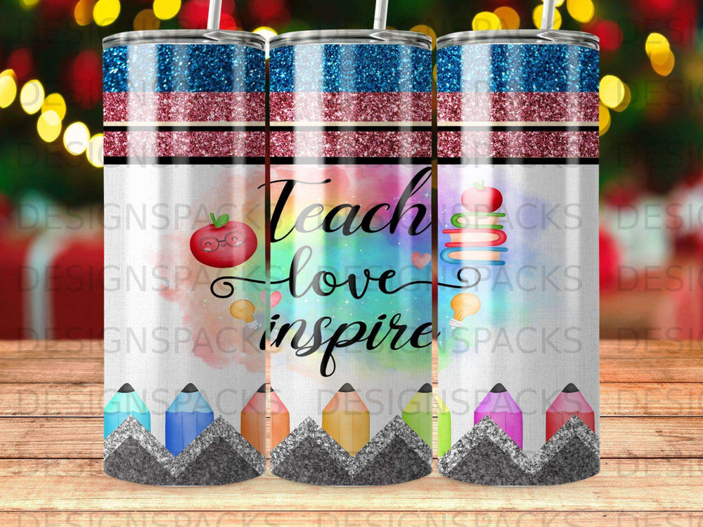 Teacher tumbler with red, white, blue stripes and apple, book, pencil graphics.