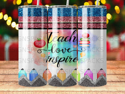 Teacher tumbler with red, white, blue stripes and apple, book, pencil graphics.