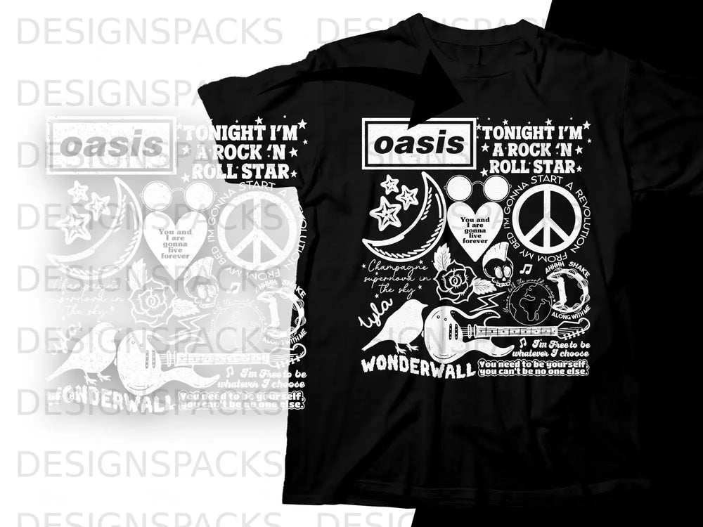 Oasis Wonderwall graphic t-shirt with lyrics and band motifs.