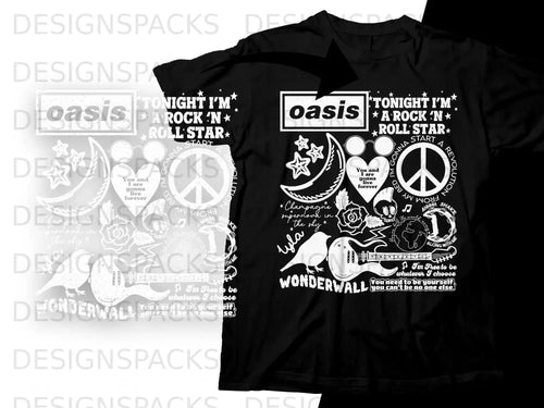 Oasis Wonderwall graphic t-shirt with lyrics and band motifs.