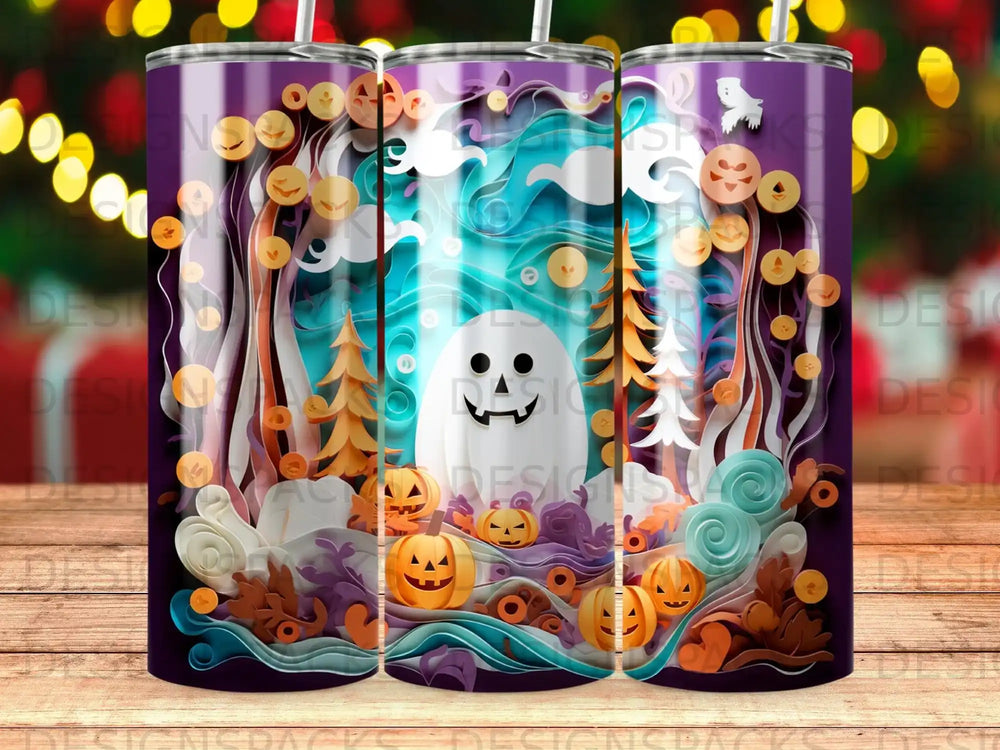 Halloween tumbler with ghost, pumpkins, and spooky forest scene.