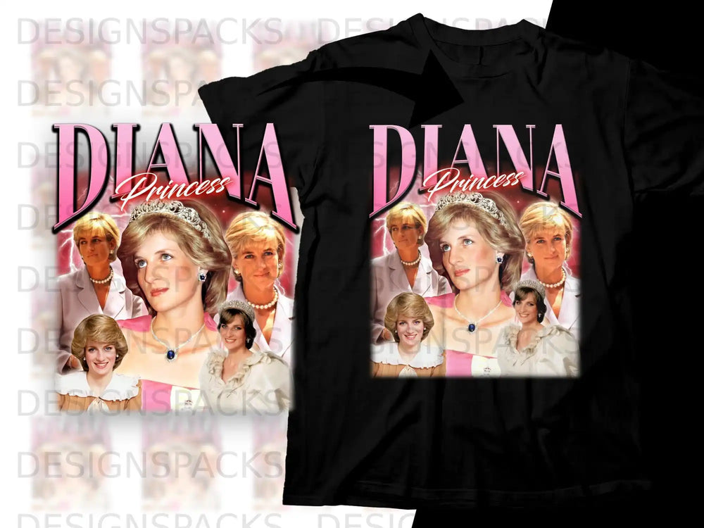 Princess Diana collage on black t-shirt.