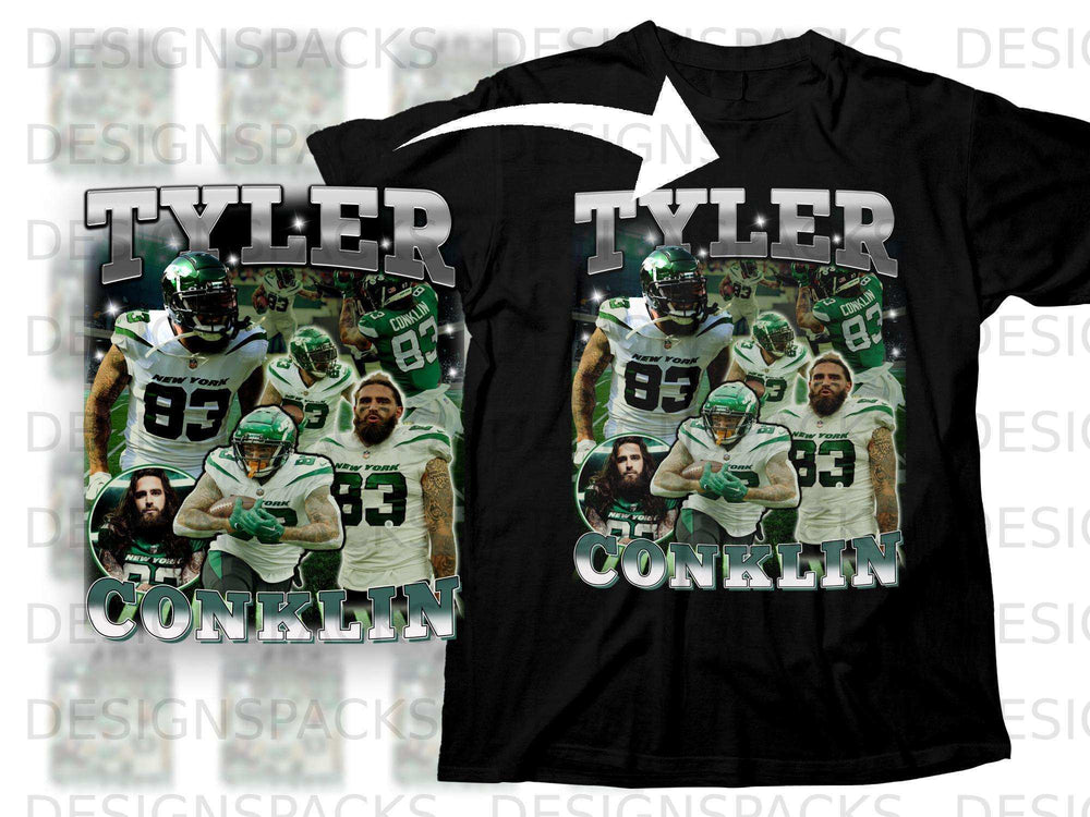 New York Jets Tyler Conklin jersey with player collage.