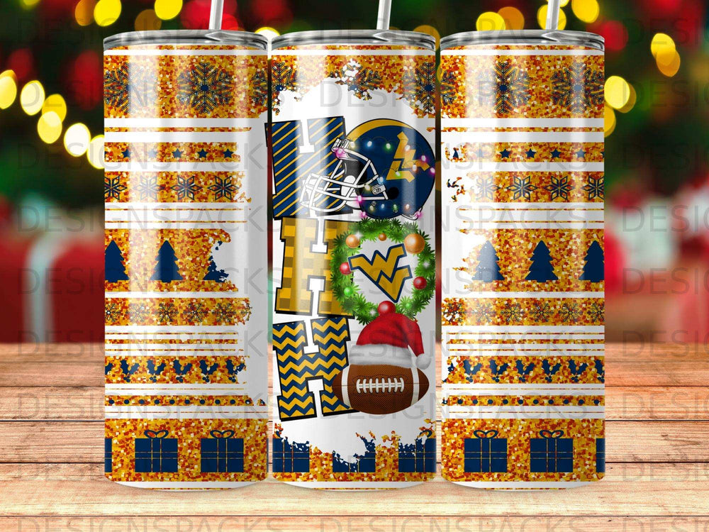 Tumbler design with "HO" text, football, snowflakes, and gift boxes.