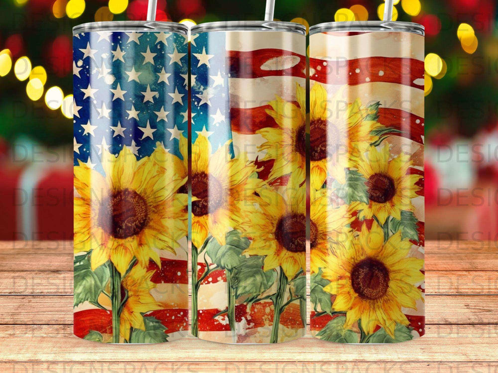 USA flag with sunflowers design on tumblers.