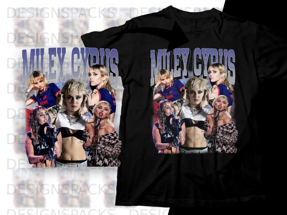 Miley Cyrus collage on black t-shirt, featuring different poses and the text "MILEY CYRUS".