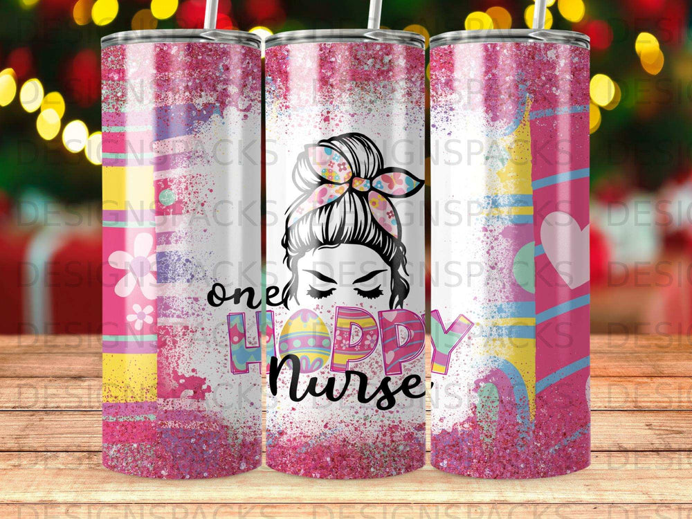Bunny ears, "one happy nurse" text on pink glitter tumbler.