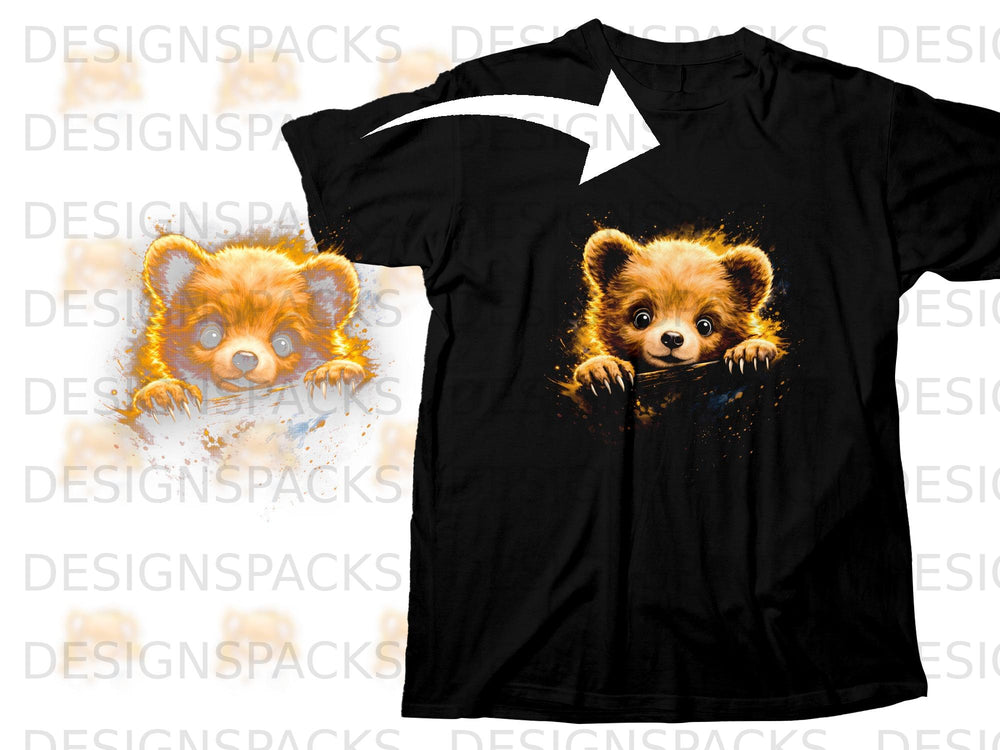 Black t-shirt with a detailed, bright graphic of a fluffy bear cub peeking from behind wood.