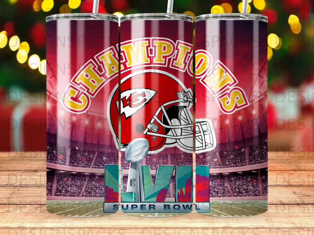 Kansas City Chiefs Super Bowl champions helmet and trophy with stadium background.