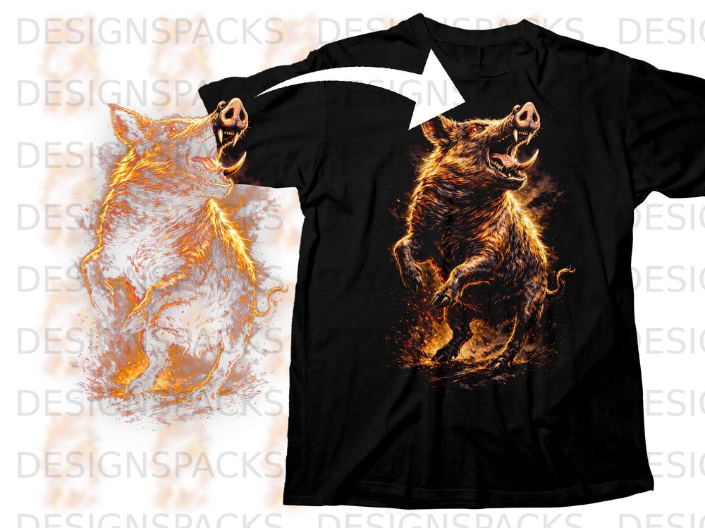 Black t-shirt with a fiery boar graphic and a white arrow indicating placement.