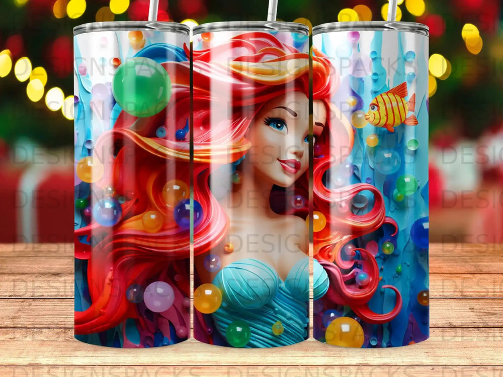 Ariel the Little Mermaid with red hair and a blue shell top surrounded by bubbles.