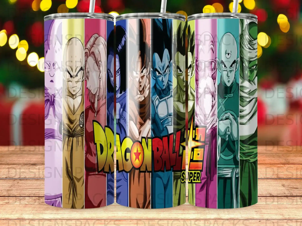 Dragon Ball Z characters including Goku, Vegeta, Frieza, and Piccolo on a colorful tumbler.