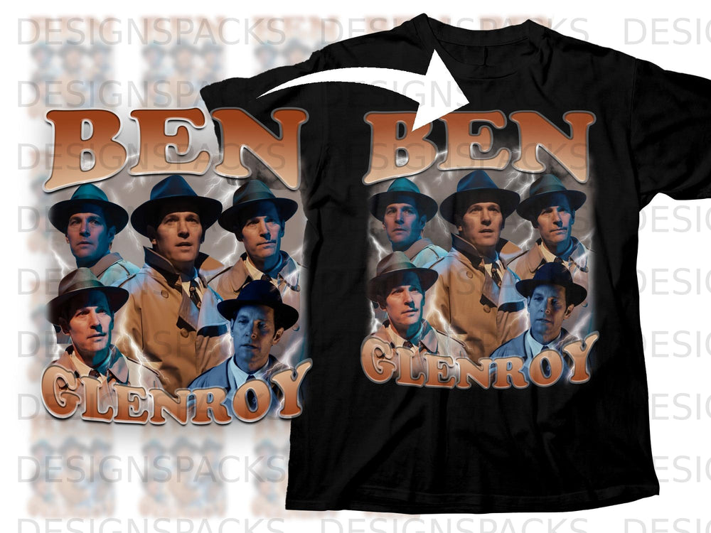 Black t-shirt with "BEN GLENROY" text and vintage portraits of men.