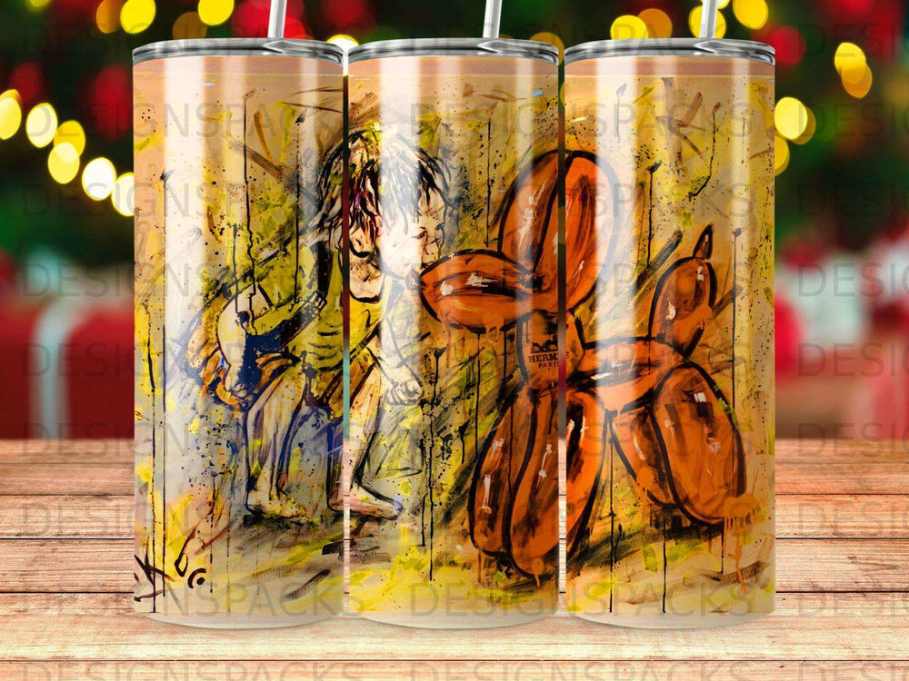 Three tumblers featuring an abstract painting of a person holding a balloon animal.