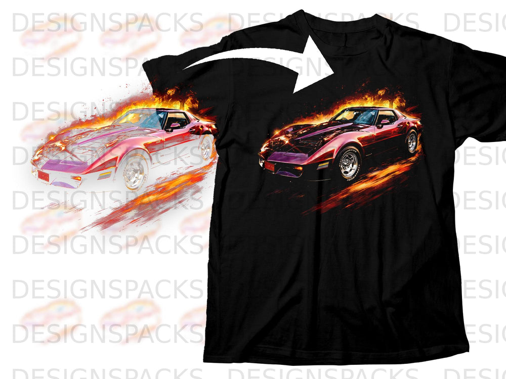 Black t-shirt featuring a red sports car engulfed in flames.