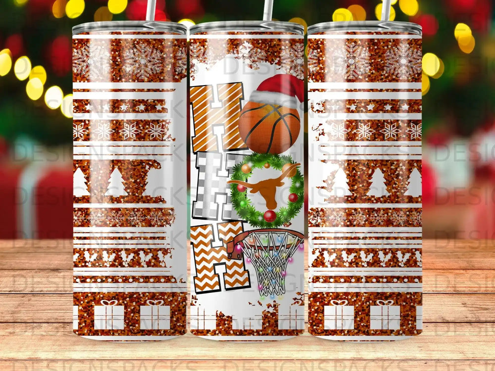 Tumbler with holiday basketball theme, Santa hat, snowflakes, and presents.