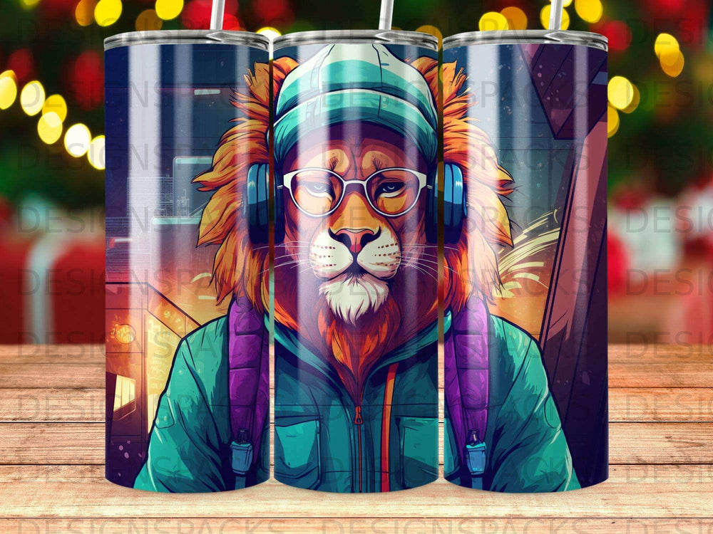 Lion wearing headphones and glasses, with backpack, on a tumbler.