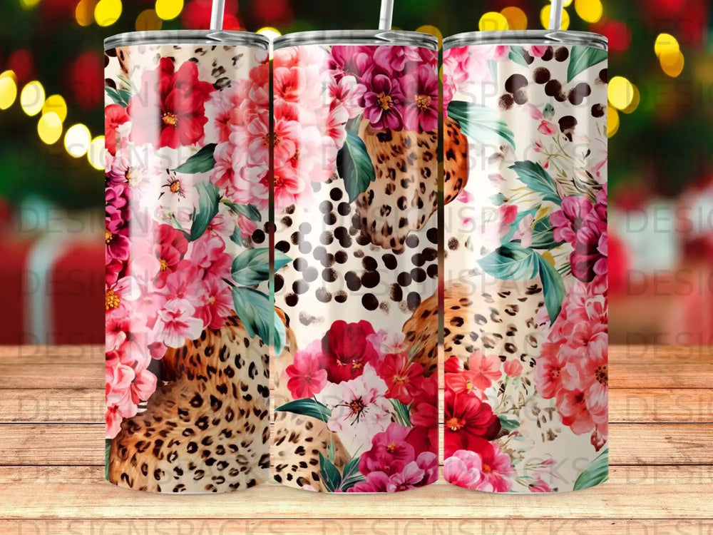Leopard print and floral design on a tumbler.